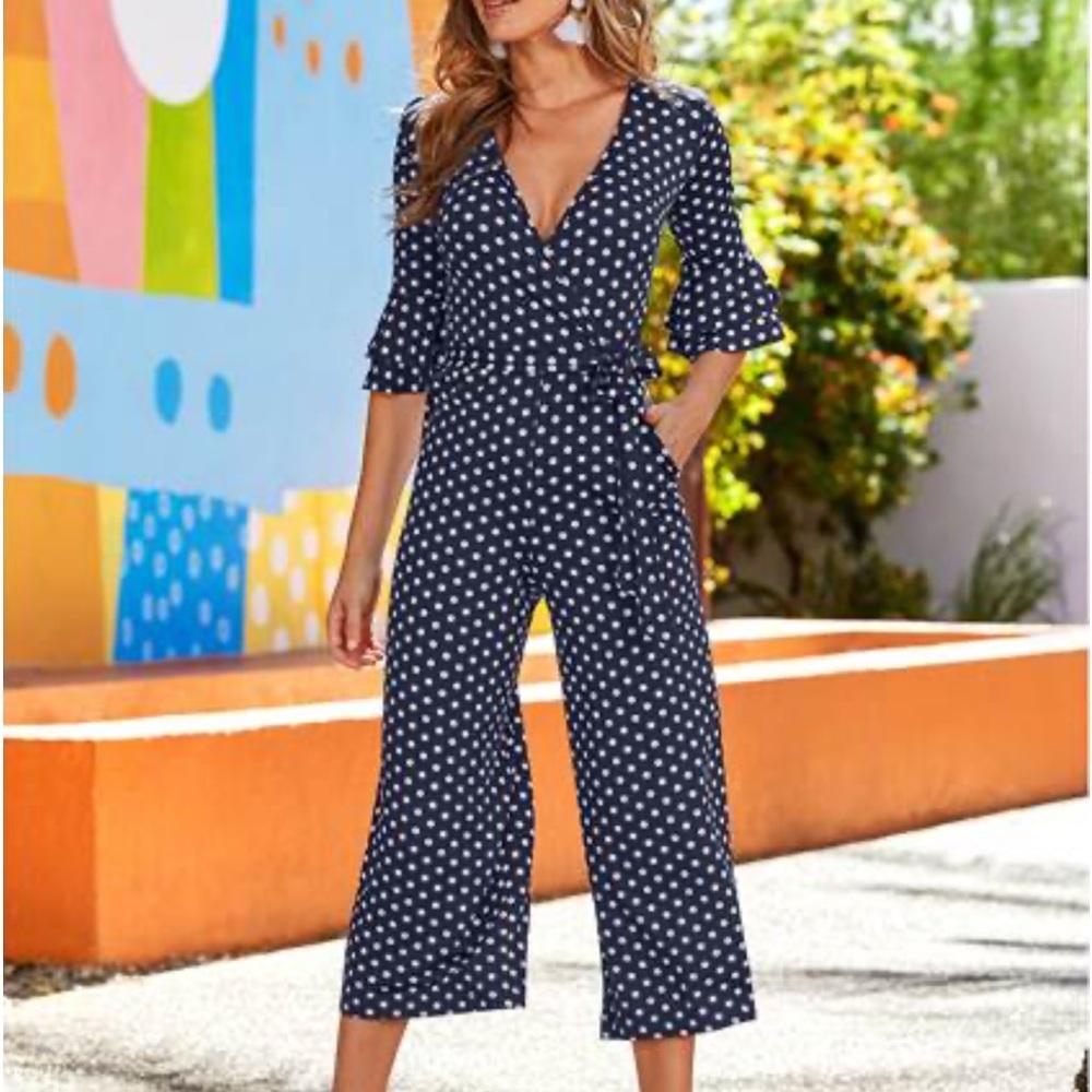 Venus polka dot jumpsuit in 1x with tie
